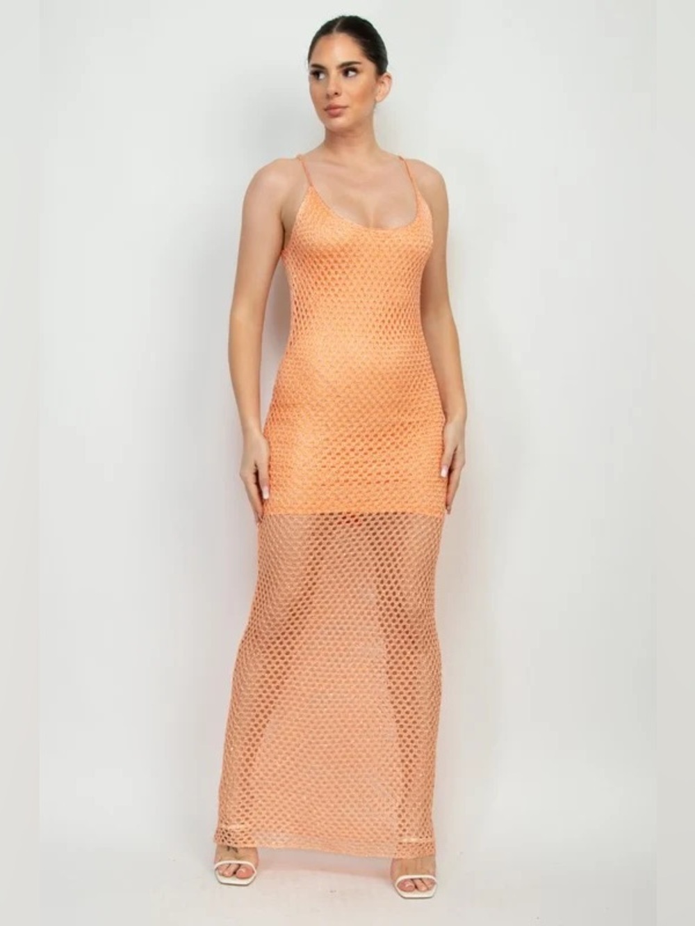 Haute Monde Knit Sequin Fish Net Scoop Maxi Dress orange medium